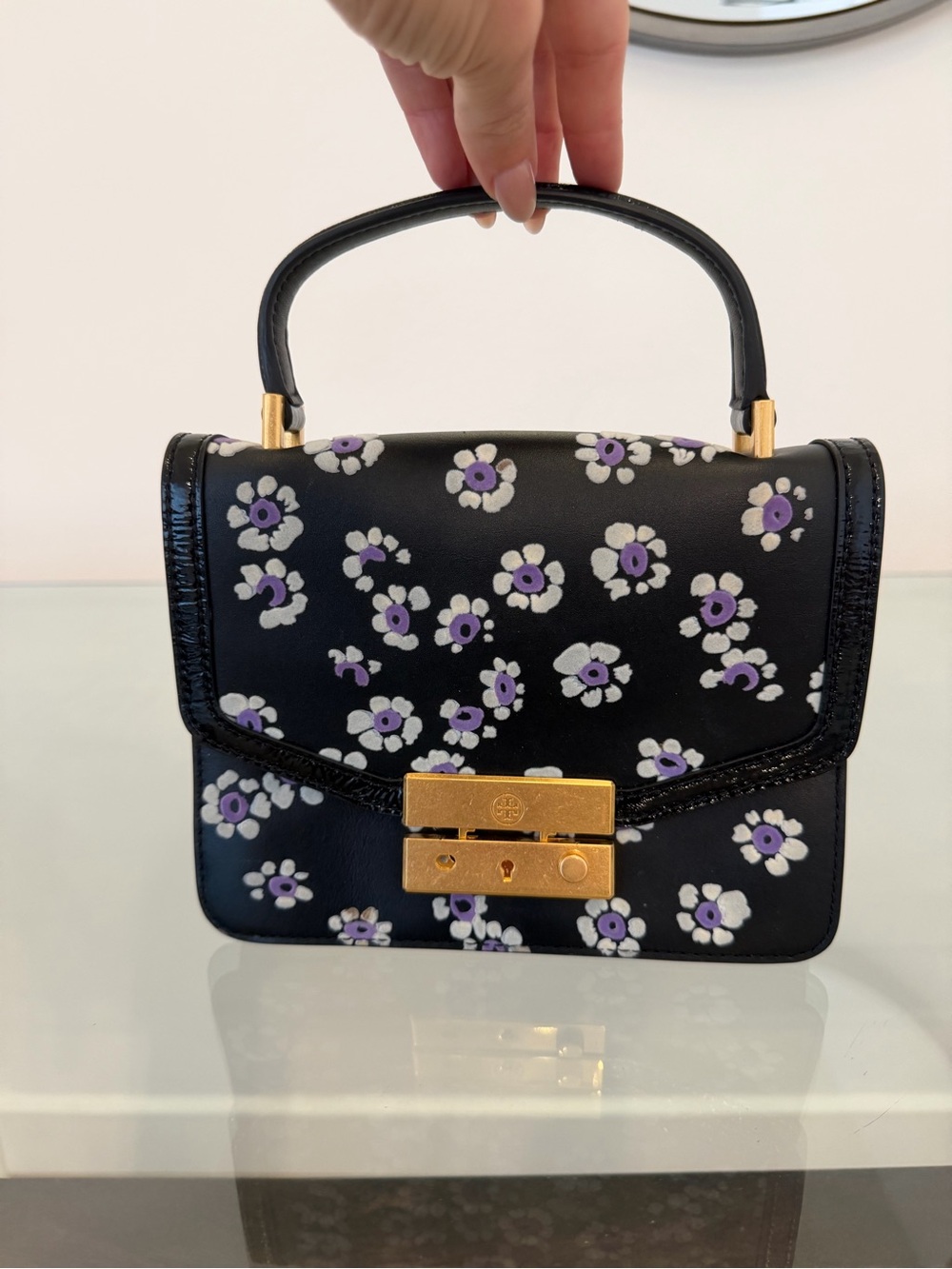 Rare Tory Burch Sample Navy Leather Flocked Floral Patent Top Handle Satchel